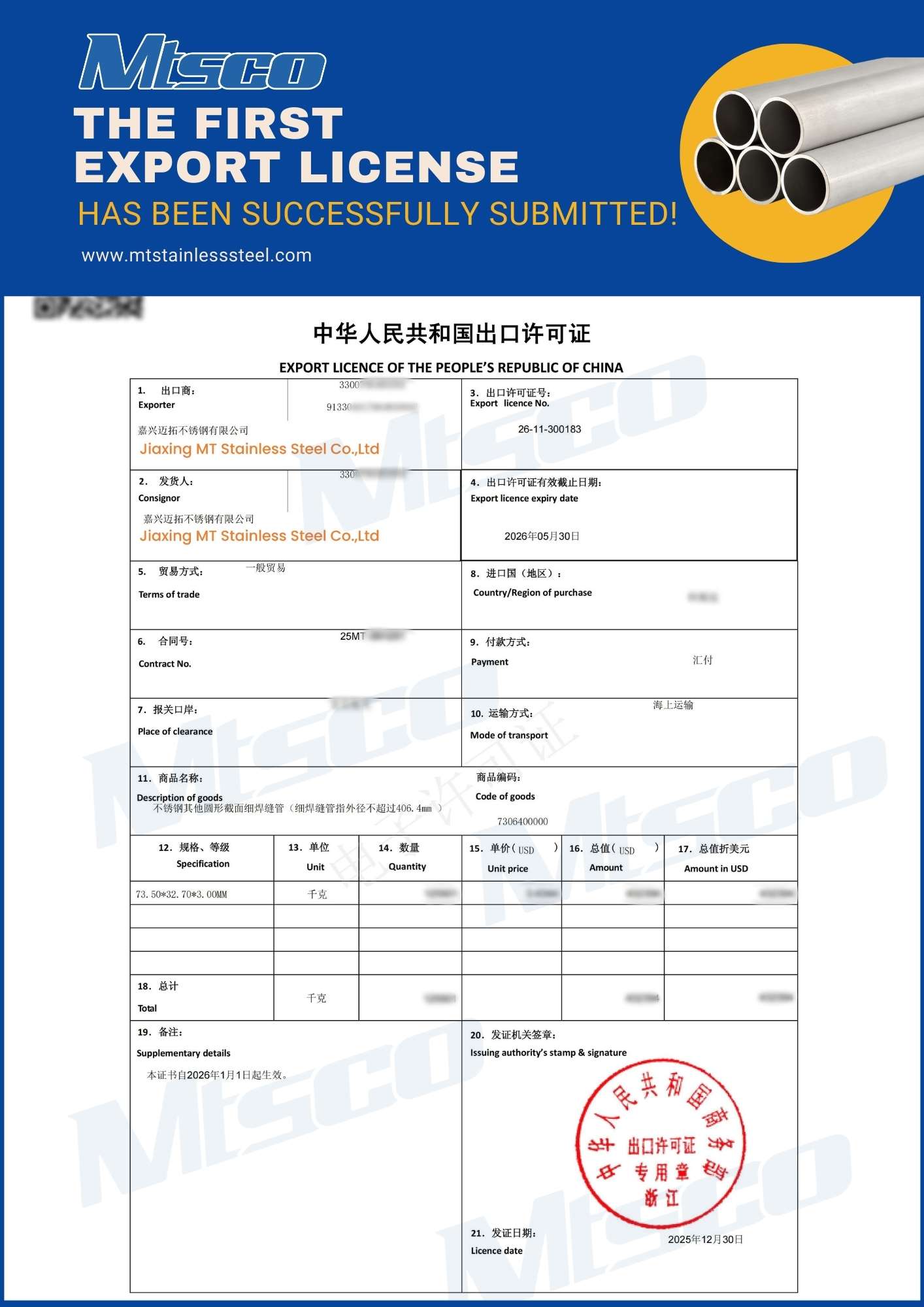 MTSCO出口许可证